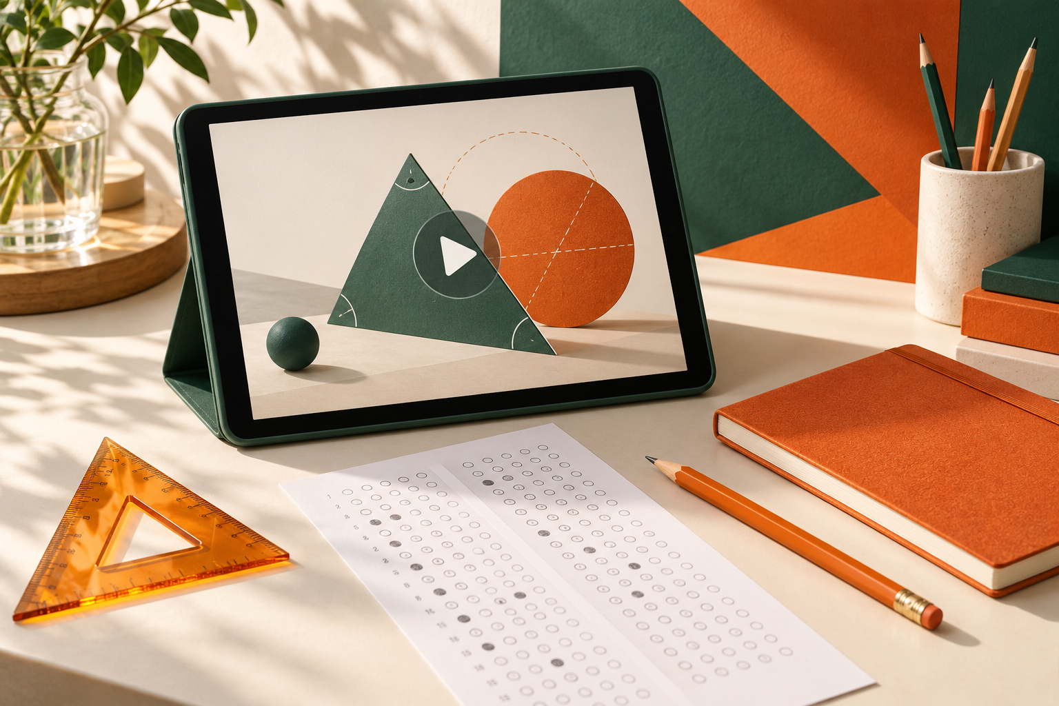 Video çözüm çalışmasını temsil eden tablet, kalem ve geometri araçları